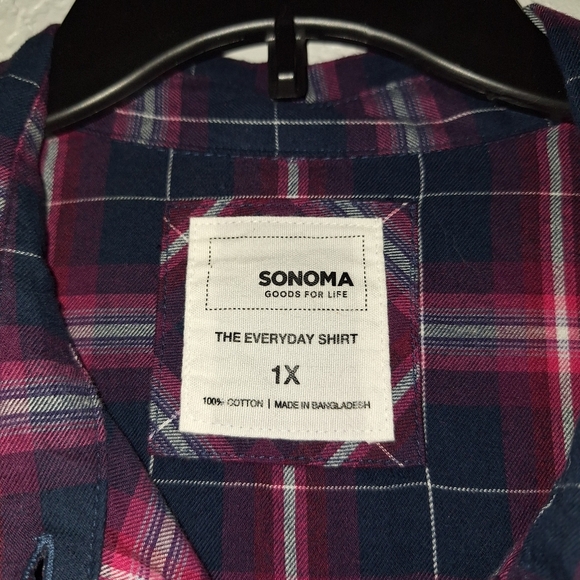Sonoma Button Up Shirt Women's 1X Pink Blue Plaid Long Sleeve Pockets Top Cotton - Picture 4 of 8